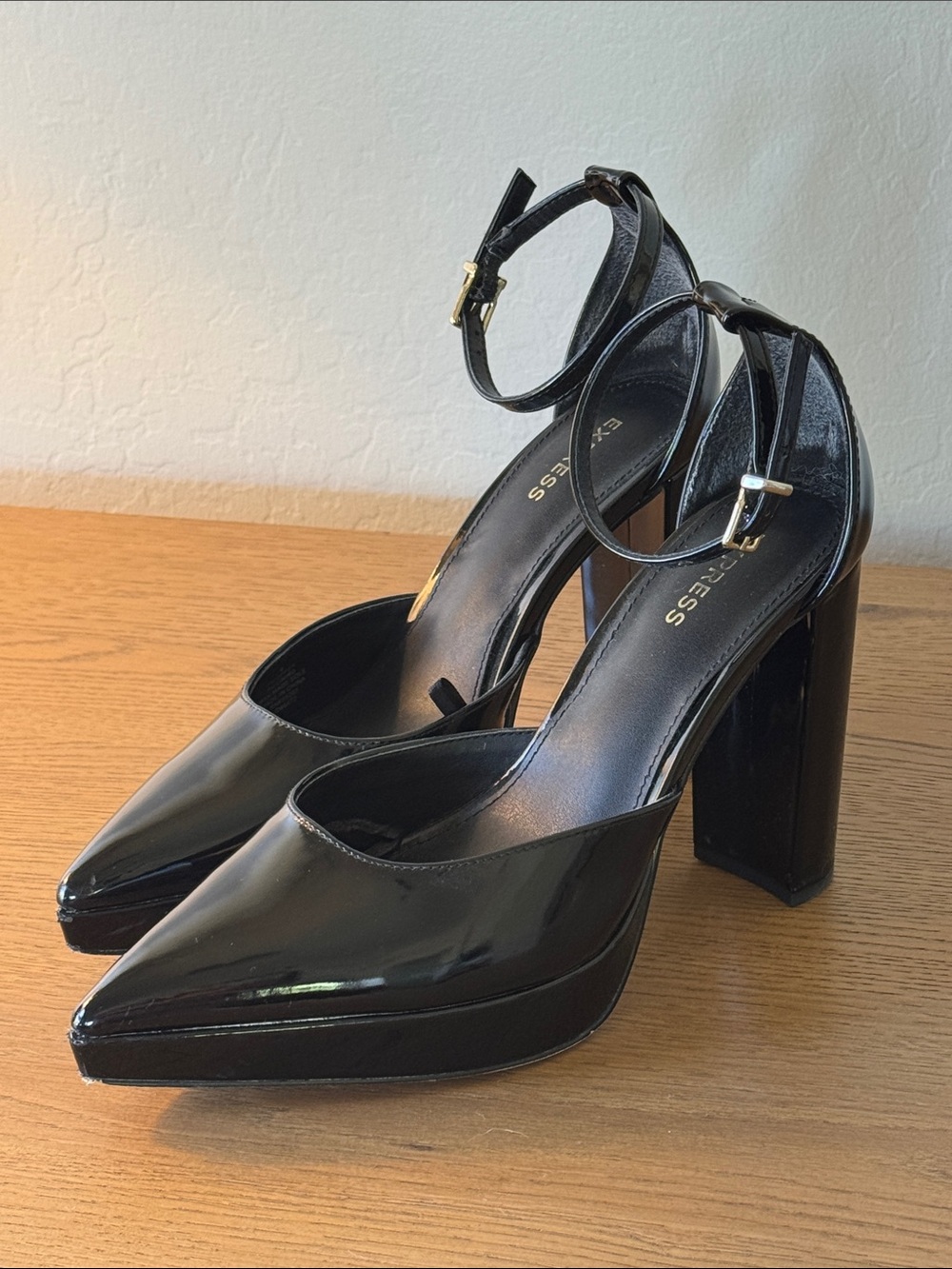 Express Black Patent Leather Pointed Block-Heel Ankle-Strap Pumps